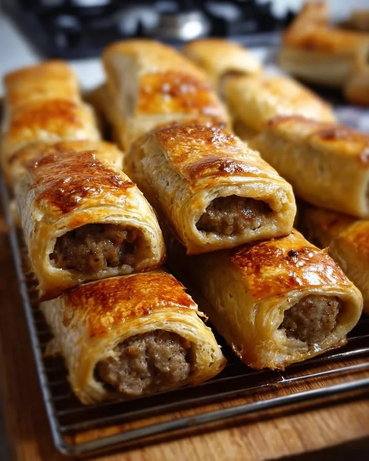 Britse boterachtige worstenbroodjes met knapperige vlokkenpastei