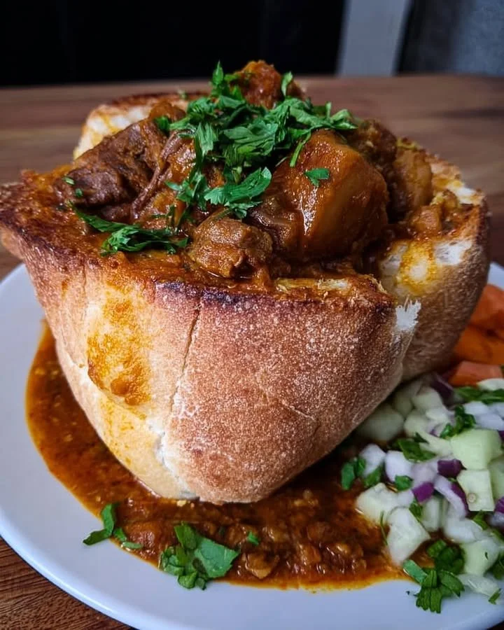 Een traditionele Bunny Chow met pittige curry in een broodje