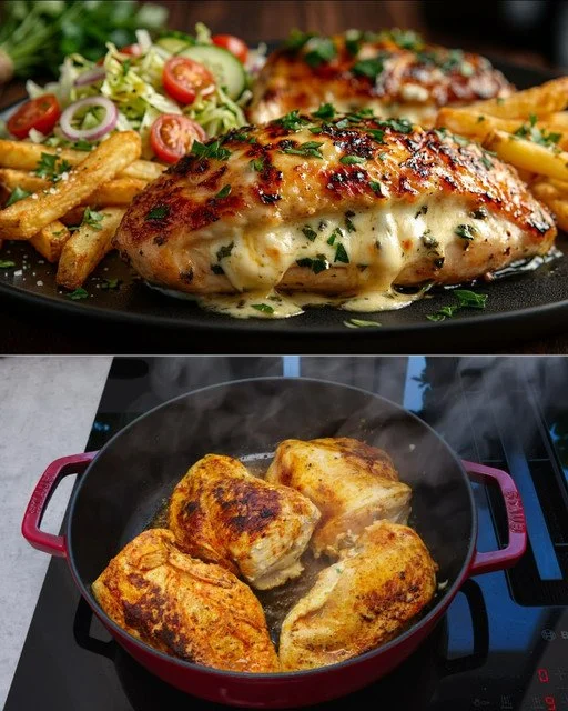 Gevulde kipfilet met aardappelwiggen en salade op een bord