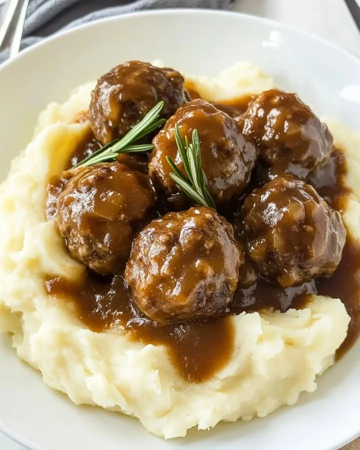 Heerlijke gehaktballen met romige uienjus en aardappelpuree op een bord