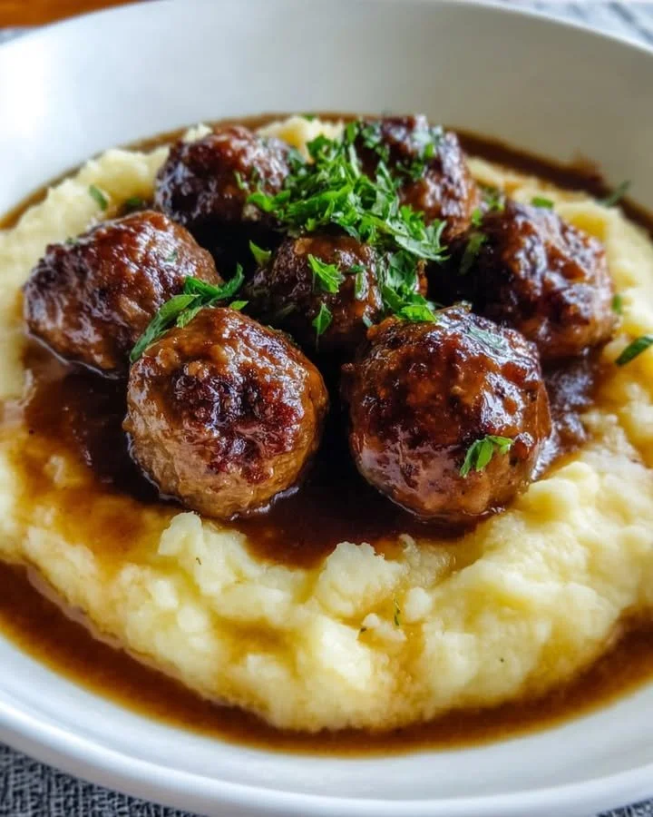 Heerlijke rundgehaktballen met jus en puree op een bord