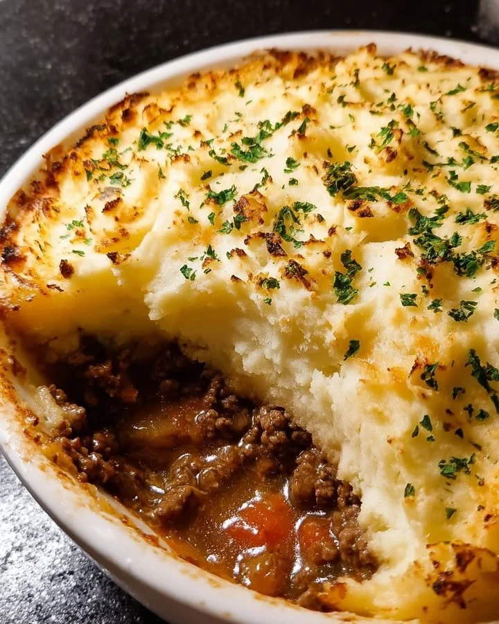 Makkelijke Ierse cottage pie met romige aardappelpuree op een bord