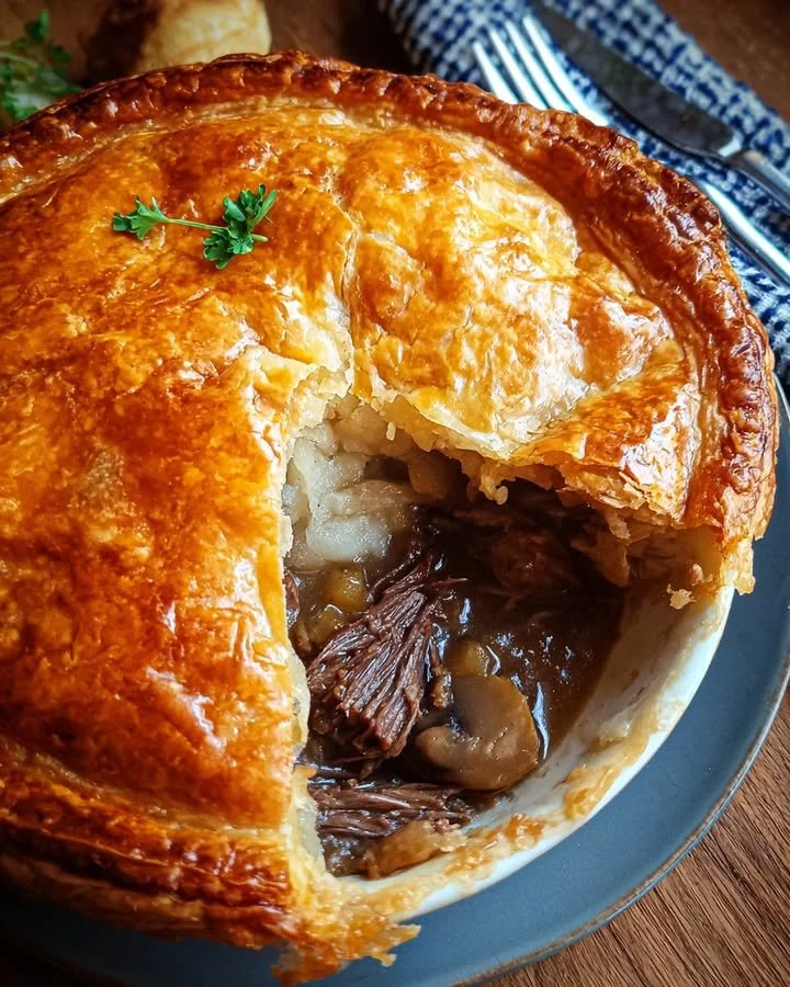Malse rundvleespastei met een gouden korst, langzaam gegaard voor extra smaak.