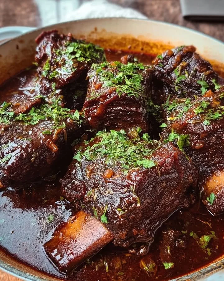 Malse rode wijn stoofvlees met korte ribben op een bord