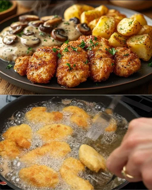 Schnitzel met romige champignonsaus en peterseliekrieltjes op een bord