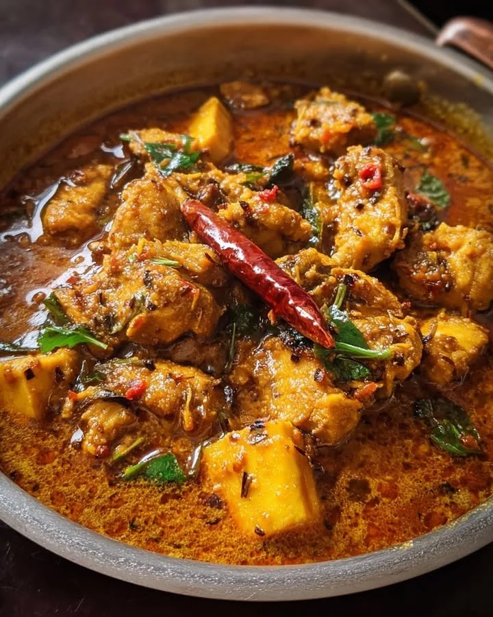 Indiase kokos-kipstoof met warme kruiden op een bord