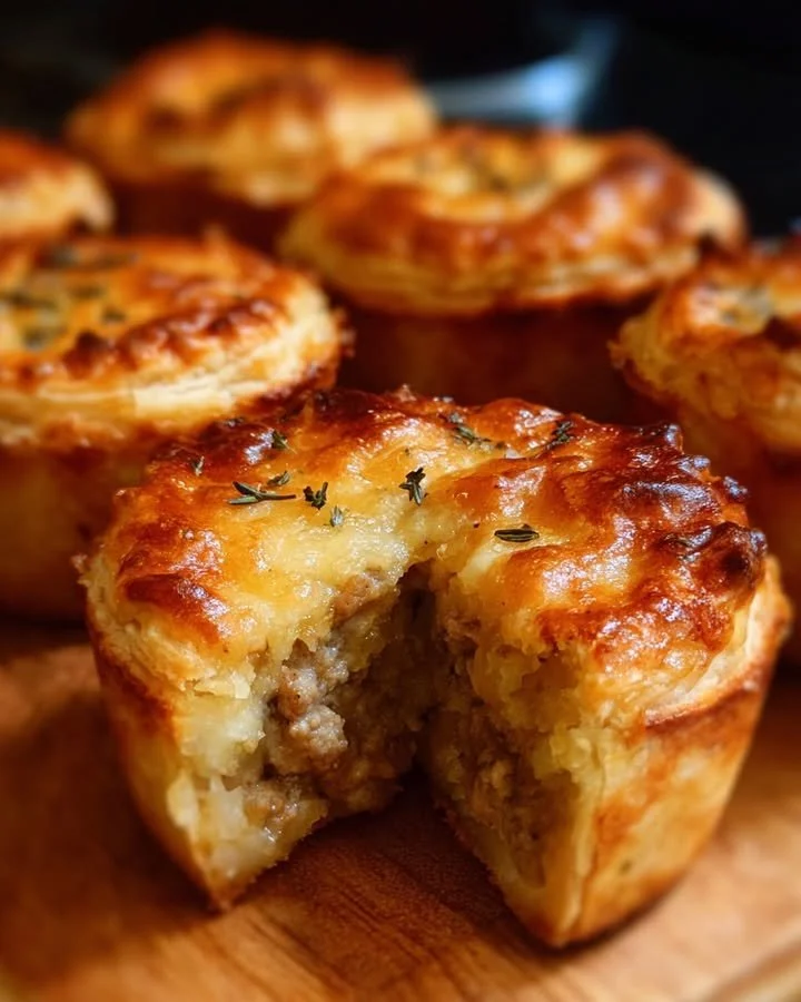 Mini vleespasteitjes in muffinvormpjes, goudbruin en knapperig