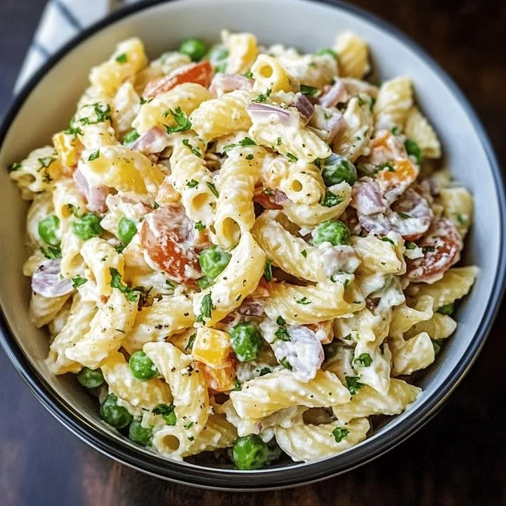 Zomerse pastasalade met groenten en pasta op een bord